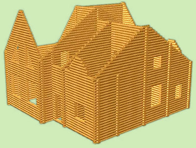 Сруб деревянного дома. Общий вид деревянного сруба дома. Проект деревянного сруба